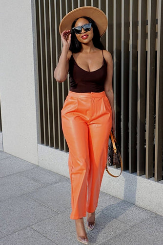 Orange Faux Leather Pants outfit idea for casual wear