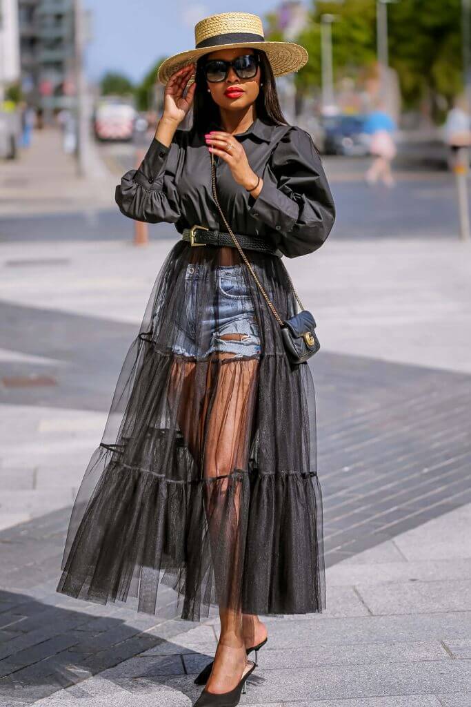 Black Sheer Tulle Shirt Dress